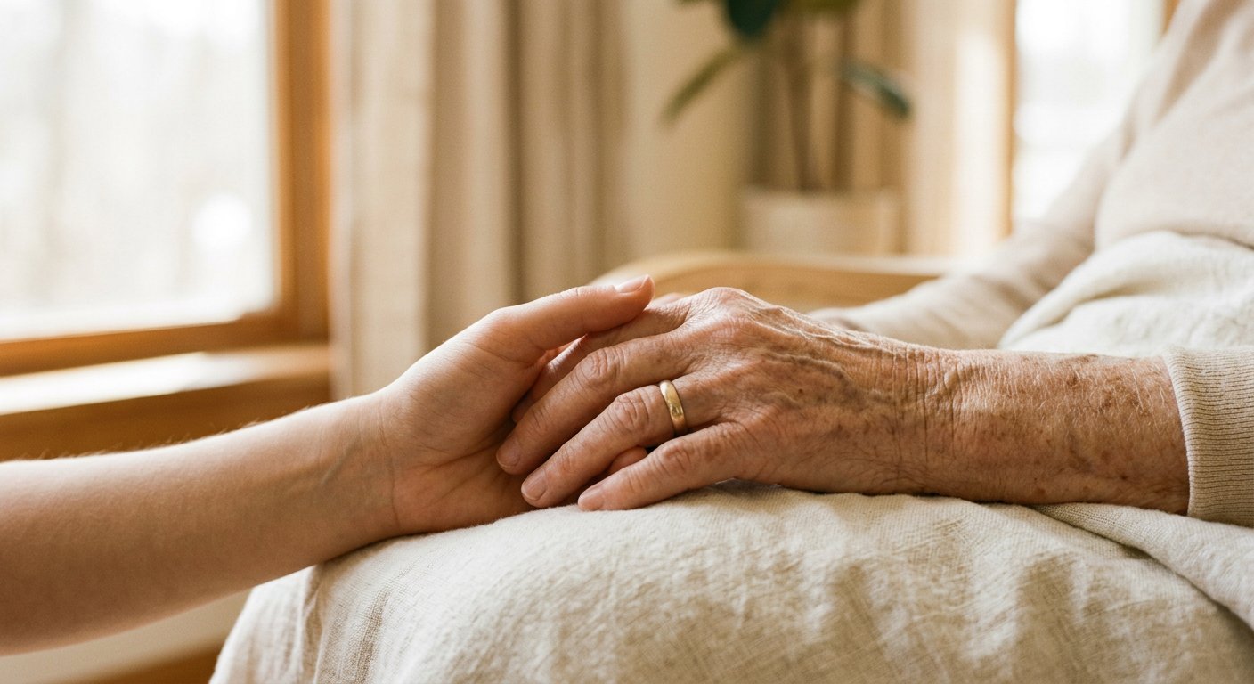 Manos de dos personas sostenidas con delicadeza bajo luz natural cálida, transmitiendo apoyo y acompañamiento
