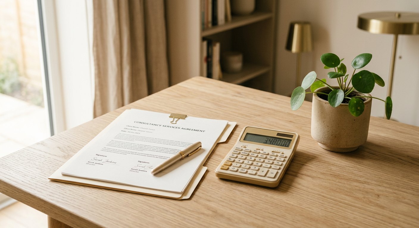 Documentos, calculadora y bolígrafo sobre una mesa con luz cálida