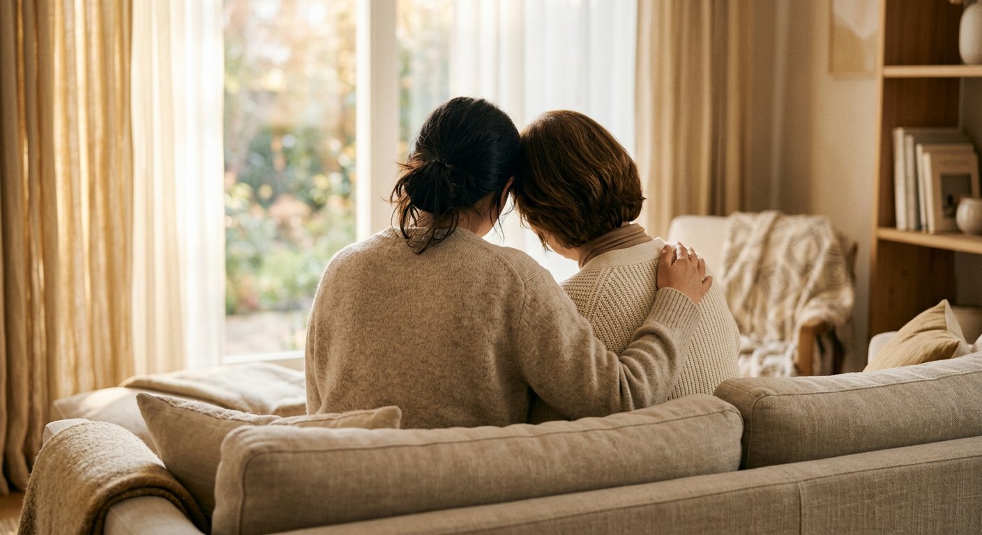 Dos personas ofreciéndose consuelo bajo una luz cálida y suave
