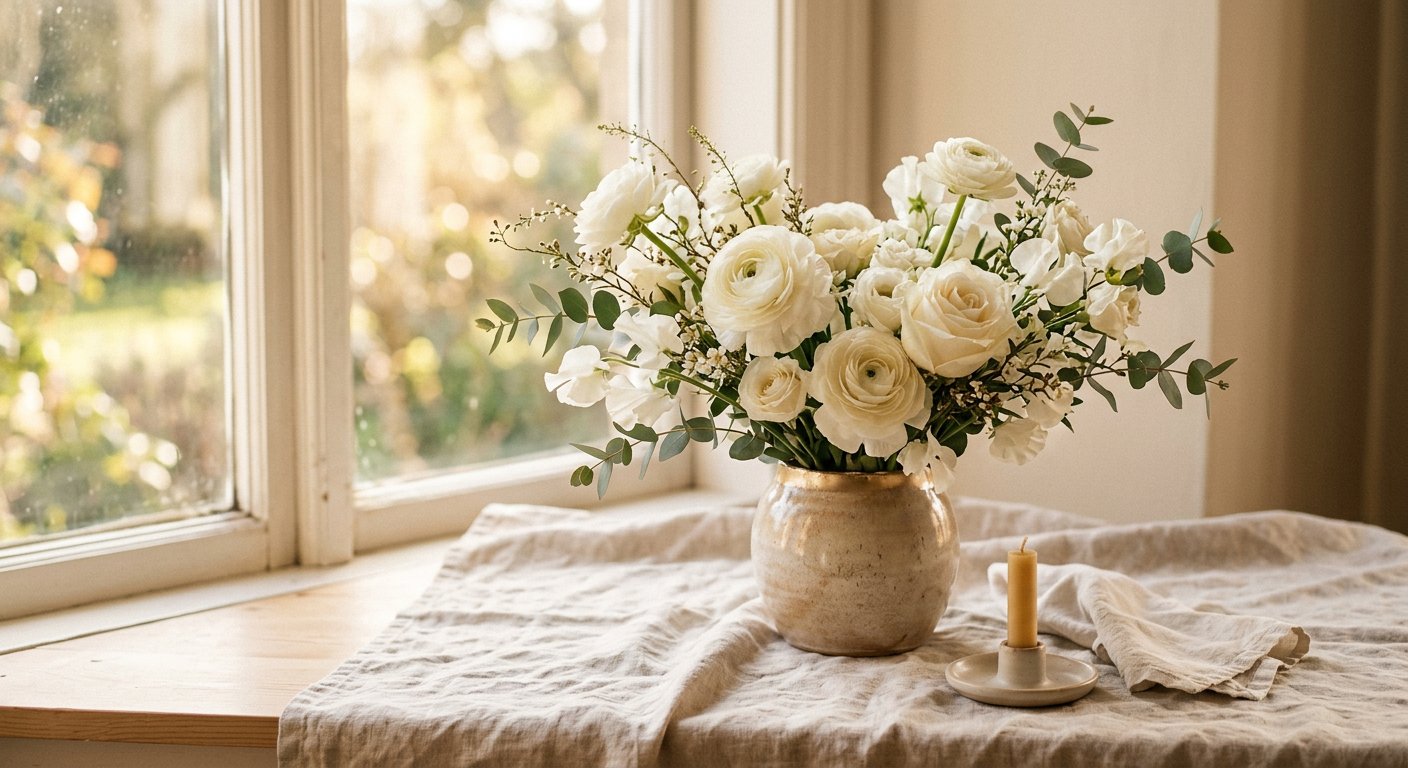 Flores blancas delicadas bajo luz natural cálida sobre una superficie clara