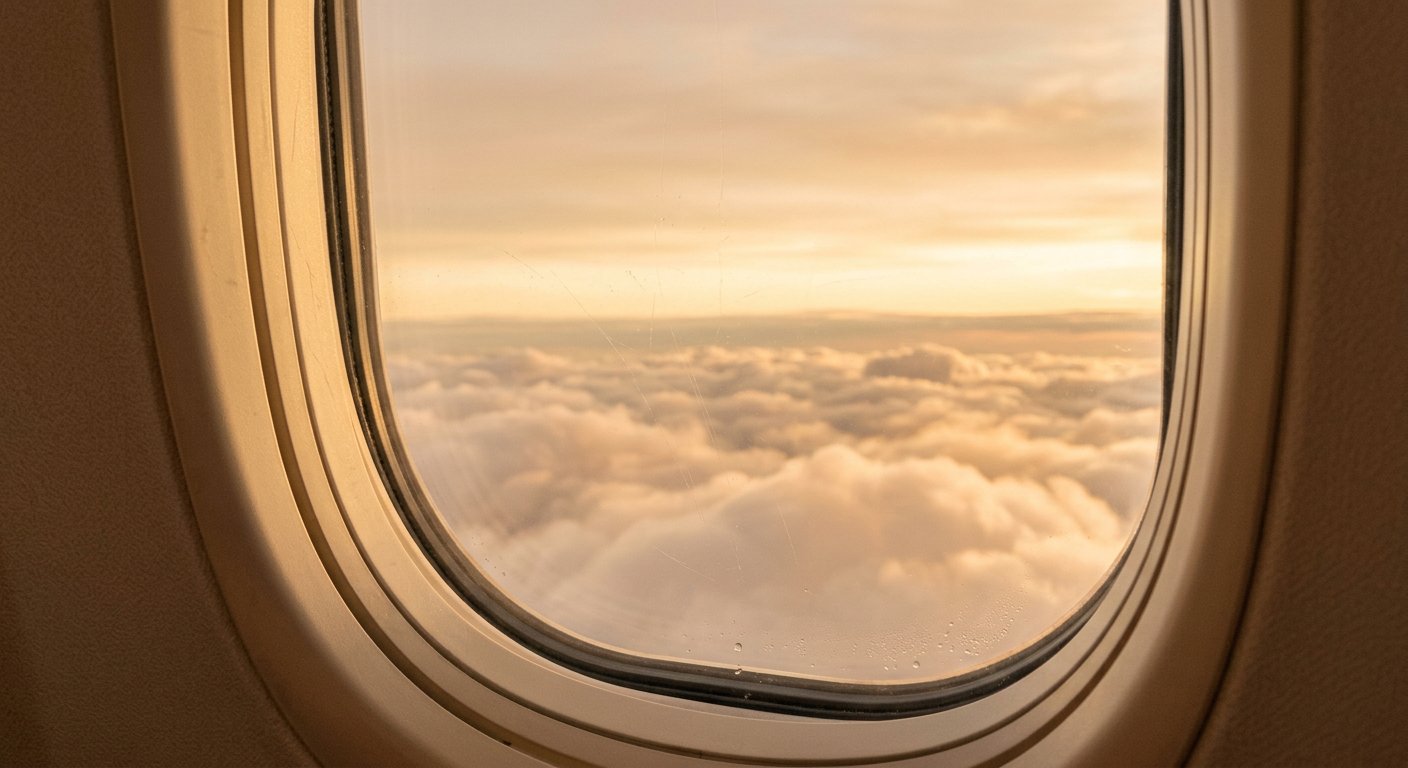 Vista serena de nubes al atardecer desde la ventanilla de un avión