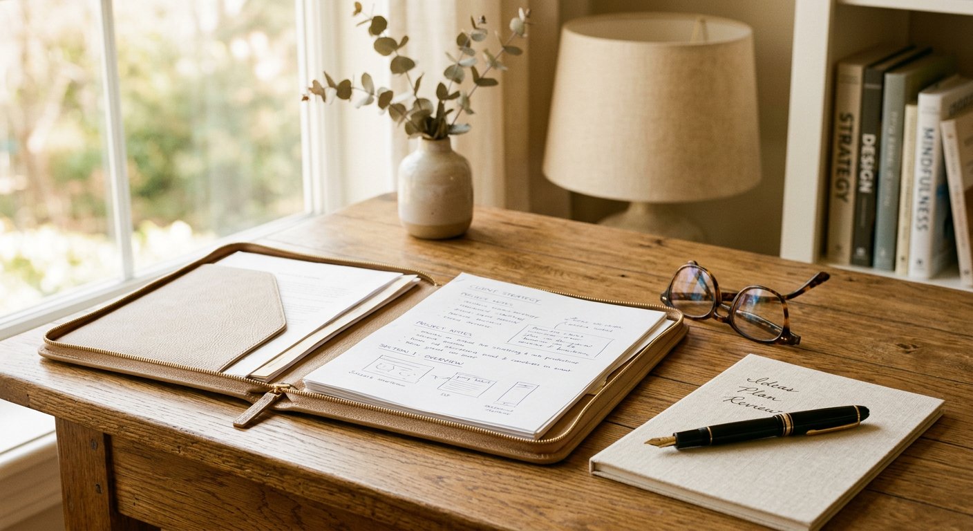 Carpeta abierta con documentos, gafas y bolígrafo sobre una mesa de madera
