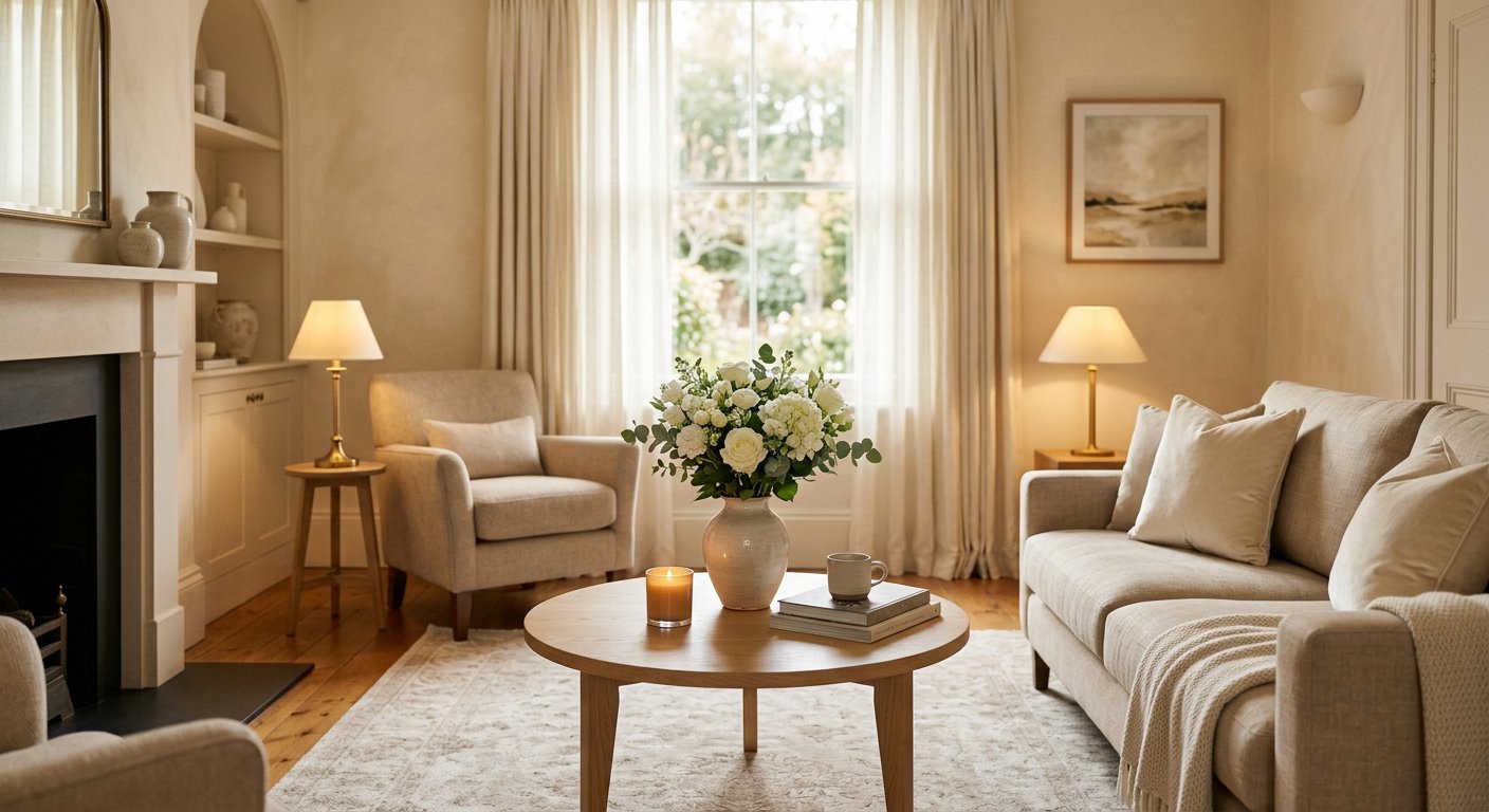 Sala de velatorio serena con luz cálida y flores blancas en Fuenlabrada