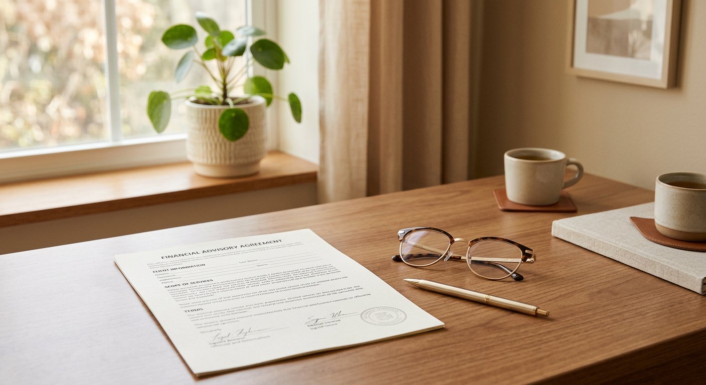 Documento oficial con gafas y bolígrafo sobre un escritorio con luz cálida