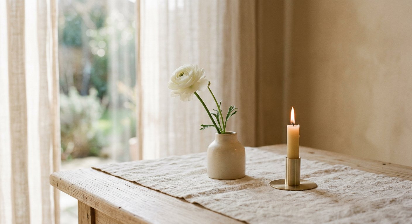 Una flor blanca y una vela encendida bajo luz cálida de la mañana
