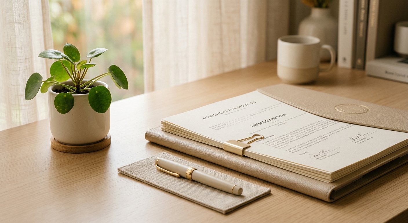 Documentos ordenados y un bolígrafo junto a una pequeña planta sobre un escritorio