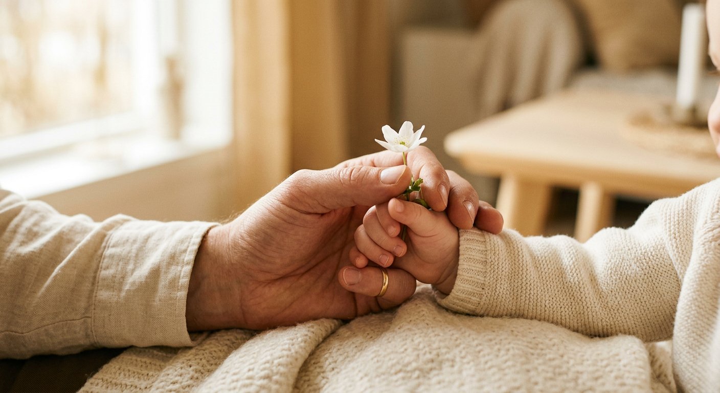 Manos de un adulto y un niño sosteniendo juntas una pequeña flor blanca